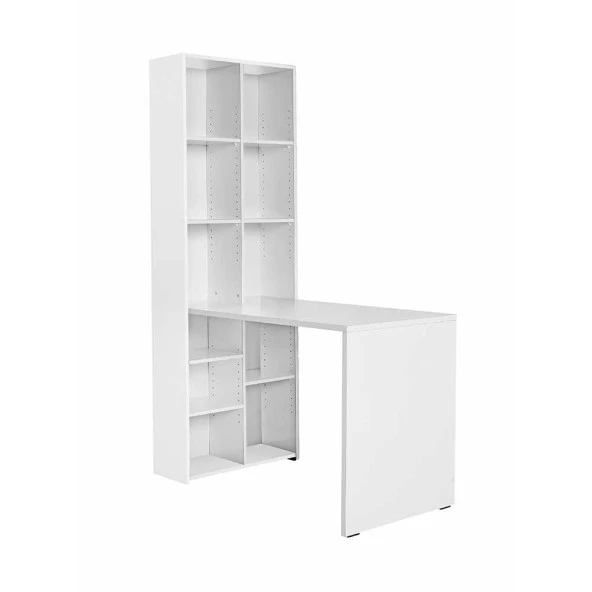 Adore Mobilya  10 Raflı Kitaplıklı Çalışma Masası-Mat Lake Beyaz (Diamond Beyaz) 121x182x63 cm (GxYxD)