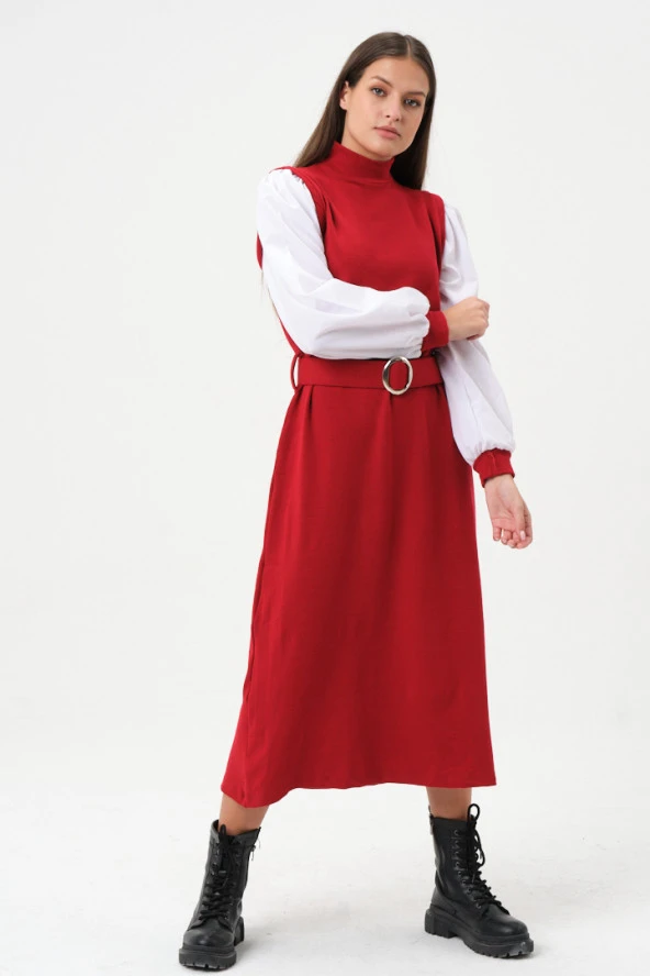 23128-Kadın Akrilik Gömlek Kol Ekli Elbise - Kırmızı-Ekru