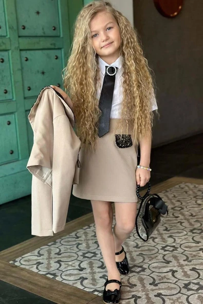 Kız Çocuk New Güpür İşlemeli Sahte Cepli ve Broşlu Bej Etekli Takım - Resim 2