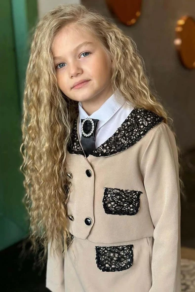 Kız Çocuk New Güpür İşlemeli Sahte Cepli ve Broşlu Bej Etekli Takım - Resim 3