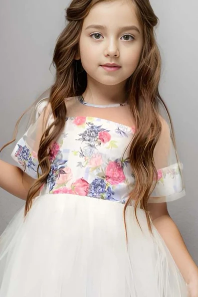 Kız Çocuk Kurdele Toka ve Şerit Detaylı Tüllü Gül Desenli Beyaz Elbise - Resim 4