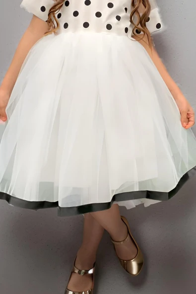 Kız Çocuk Kurdele Toka ve Şerit Detaylı Tüllü Puantiyeli  Beyaz Elbise - Resim 3