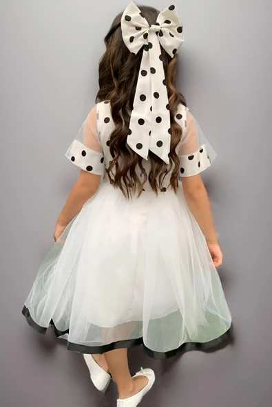 Kız Çocuk Kurdele Toka ve Şerit Detaylı Tüllü Puantiyeli  Beyaz Elbise - Resim 2