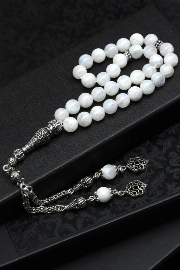 Ay Taşı Doğal Taş Tesbih 925 Ayar Gümüş 8 mm Küre Kesim