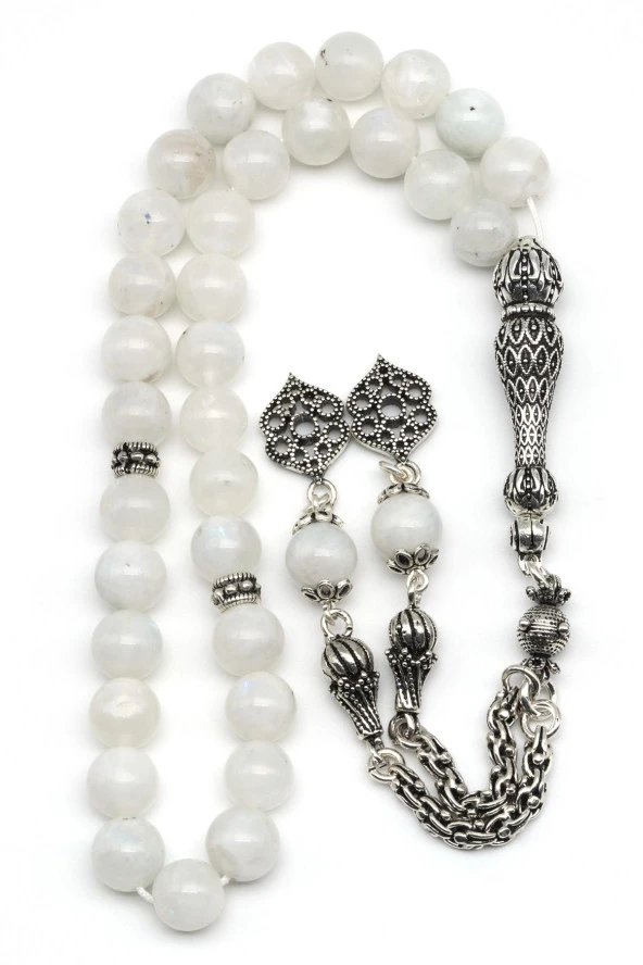 Ay Taşı Doğal Taş Tesbih 925 Ayar Gümüş 8 mm Küre Kesim - 2