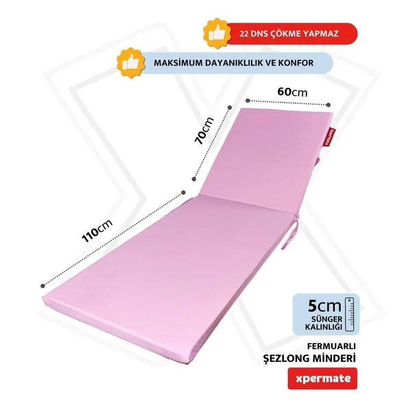 Fermuarlı Şezlong Minderi Katlanır Su Geçirmez Kumaş Katlanabilir Plaj Minderi 60x180x5 Pembe - 2