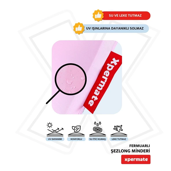 Fermuarlı Şezlong Minderi Katlanır Su Geçirmez Kumaş Katlanabilir Plaj Minderi 60x180x5 Pembe - Resim 4