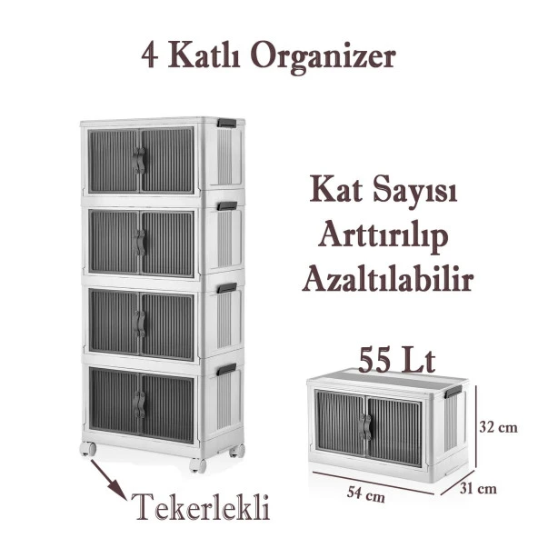 4 Katlı Dolap Saklama Kutusu Sepet Organizer Kapaklı Depolama Düzenleyici Kutu Tekerlekli Beyaz - 3