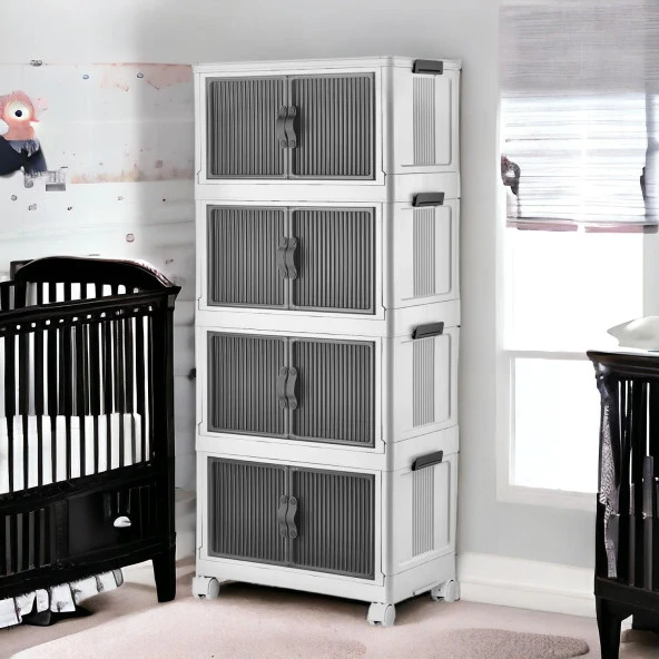 4 Katlı Dolap Saklama Kutusu Sepet Organizer Kapaklı Depolama Düzenleyici Kutu Tekerlekli Beyaz - 4