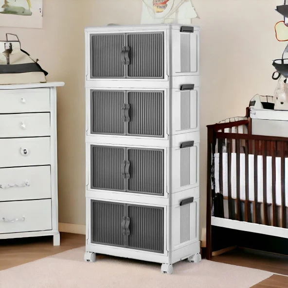 4 Katlı Dolap Saklama Kutusu Sepet Organizer Kapaklı Depolama Düzenleyici Kutu Tekerlekli Beyaz - 5