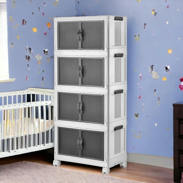 4 Katlı Dolap Saklama Kutusu Sepet Organizer Kapaklı Depolama Düzenleyici Kutu Tekerlekli Beyaz - 6