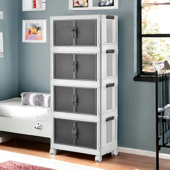 4 Katlı Dolap Saklama Kutusu Sepet Organizer Kapaklı Depolama Düzenleyici Kutu Tekerlekli Beyaz - 7