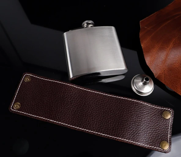 Perlotus 5 Oz-150 cc Hunili Kahve Brown Deri Kılıf Çelik Viski İçki Konyak Matarası - 3