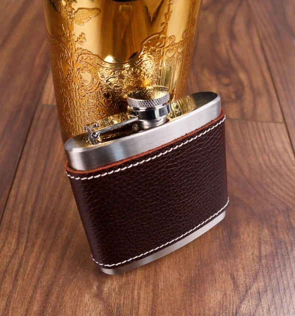 Perlotus Siyah Derili 5 Oz-150 cc Hunili Çelik Viski İçki Konyak Matarası