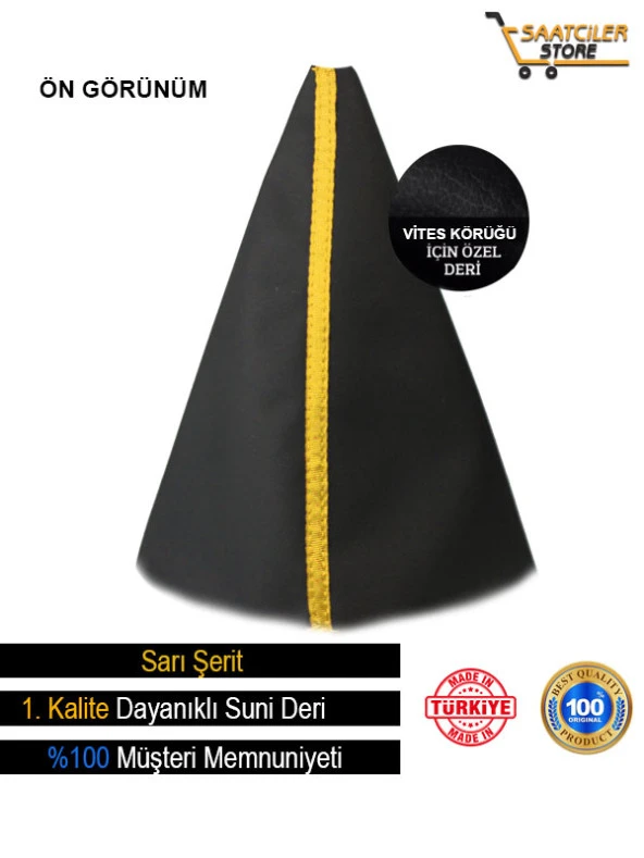 Skoda Oto Modellerine Uyumlu Siyah Deri Özel Tasarım Sarı Şerit Spor Dikiş Vites Körüğü