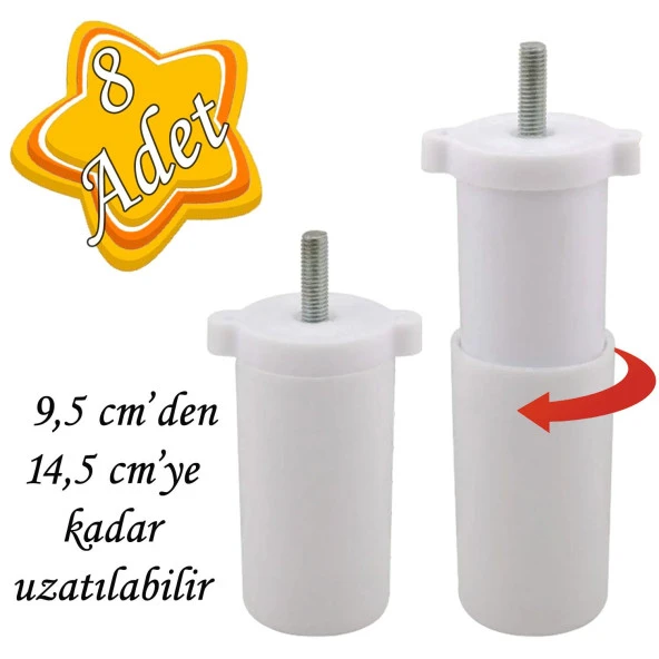 8 Adet Ayarlı Destek Ayağı 9.5 X 14.5 Cm Beyaz Gizli Mobilya Kanepe Baza Koltuk Ayakları Metrik 8 Civatalı İnce Diş