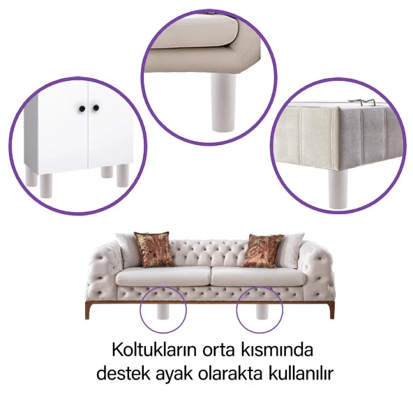 2 Adet Silindir Destek Ayağı 12 cm Beyaz Gizli Ayak M8 Civatalı İnce Diş Mobilya Kanepe Baza Koltuk - 3
