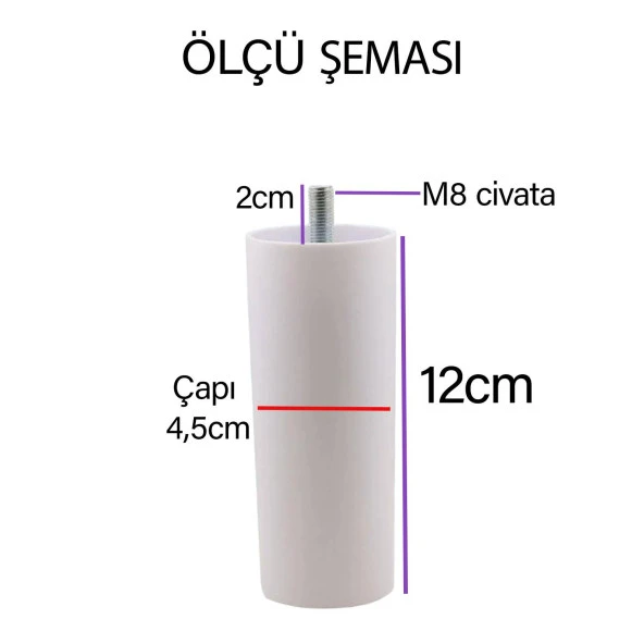4 Adet Silindir Destek Ayağı 12 cm Beyaz Gizli Ayak M8 Civatalı İnce Diş Mobilya Kanepe Baza Koltuk - 4