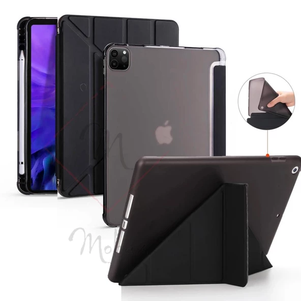 Apple iPad Pro 12.9 5. Nesil 2021 Kılıf Kalem Bölmeli Trifolding Case A2378 A2379 A2461 A2462