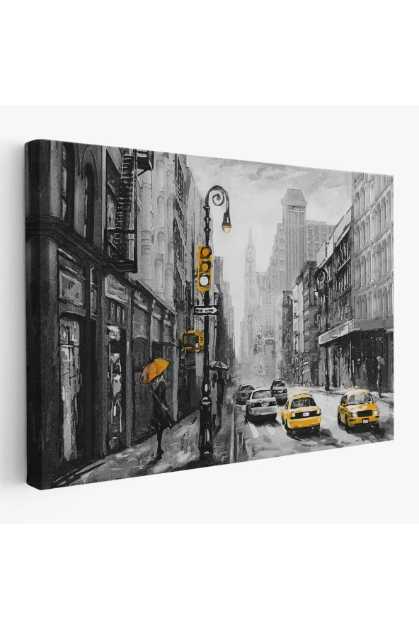 New York Sokakları Ve Sarı Taksi Yağlıboya Görünüm Kanvas Tablo