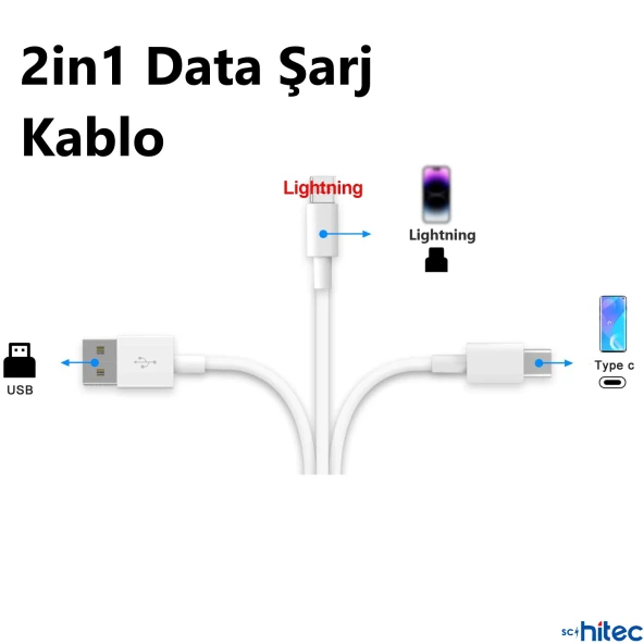 ScHitec 2in1 5A 120W UsbA to Type-C ve Lightning Hızlı Data ve Şarj Kablosu 120cm SX21C - Resim 2