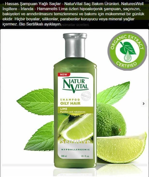 Natur Vital Sensetive Organik Şampuan Yağlı Saçlar 300 ml Lime - 1