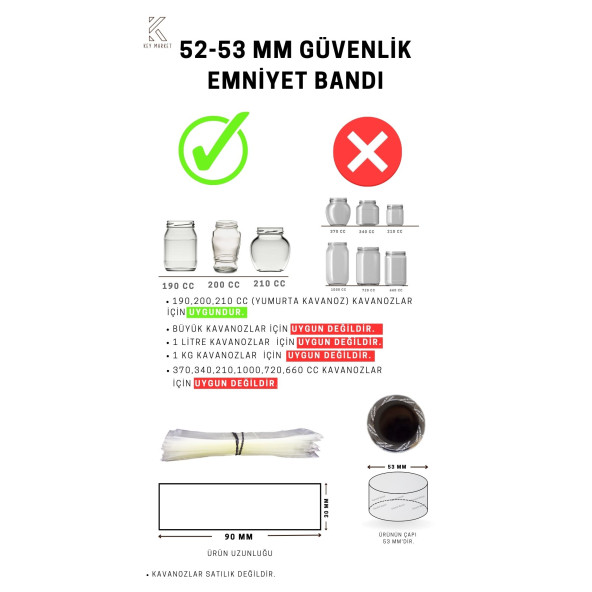 Standart Kavanoz Güvenlik Emniyet Bandı 100 Adet, 52-53mm Ağız Çapına Uygun,90x30mm Boyut, Baskısız