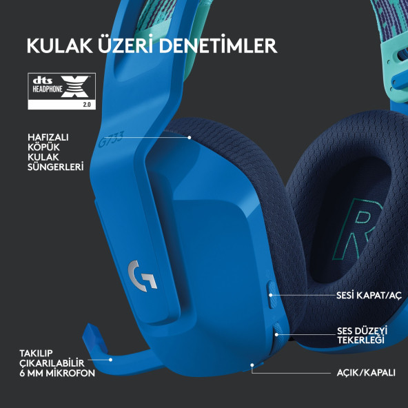 Logitech G G733 LIGHTSPEED RGB Kablosuz 7.1 Surround Ses Oyuncu Kulaklığı - Mavi - 5