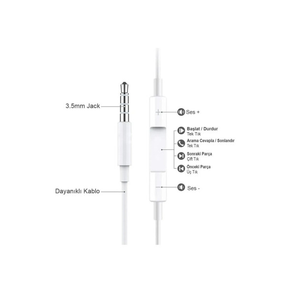 Jack Girişli Beyaz Kablolu Kulaklık Ios Android Uyumlu 3.5 mm Kulaklık - 2