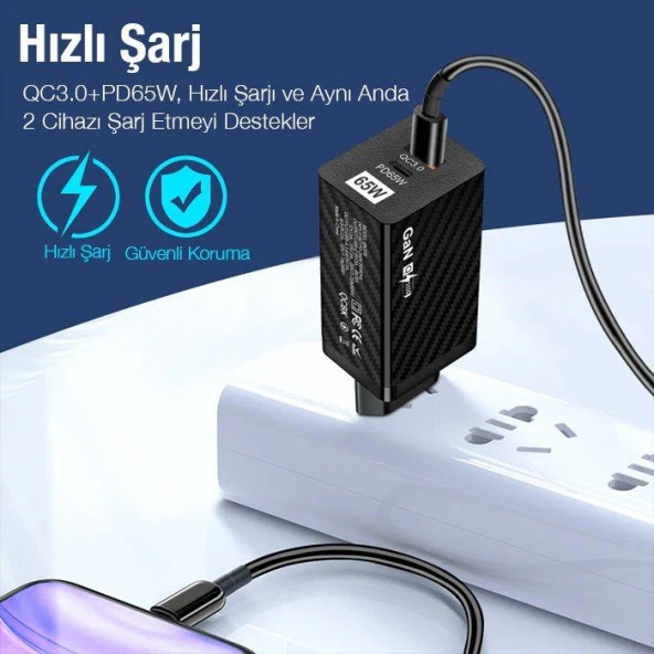 Ally Pd 65W Gan USB + Type-C Hızlı Şarj Başlığı Şarj Aleti Beyaz