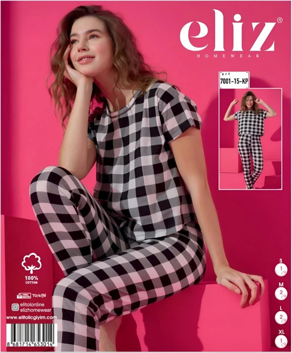 Eliz 7001-15-KP Pamuk Ekose Kısa Kol Kadın Pijama Takımı