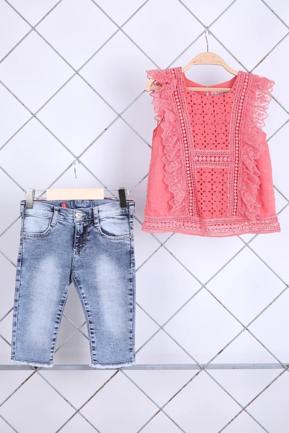 Babyhola 1-8 Yaş Şık Kız Çocuk Önden Fırfırlı Kot Kaprili Takım 3123 - Resim 5