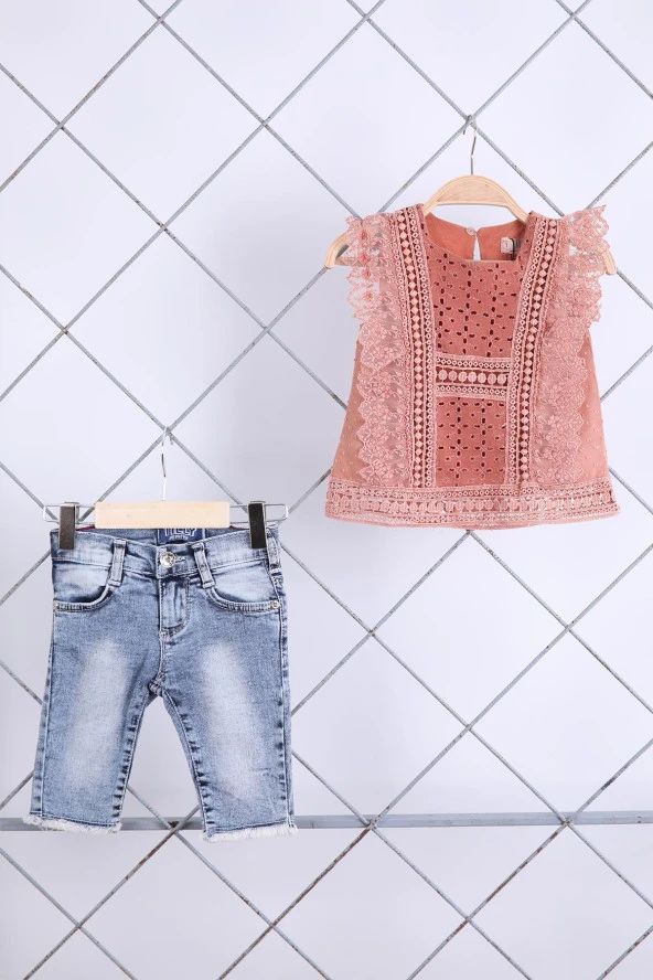 Babyhola 1-8 Yaş Şık Kız Çocuk Önden Fırfırlı Kot Kaprili Takım 3123 - Resim 9