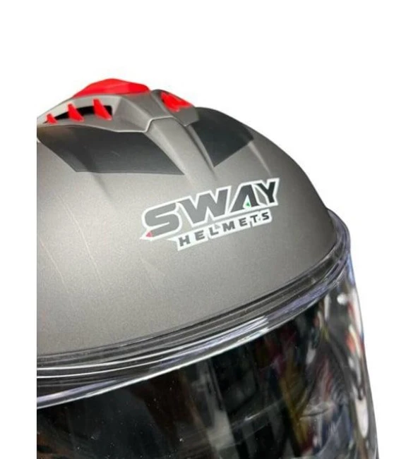 Sway Xbyc 865 Full Face Güneş Gözlüklü Kapalı Motosiklet Kaskı M Beden Titanium Gri Kırmızı - 4