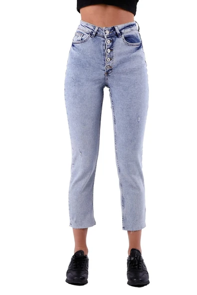 Düğme Detaylı ve Yüksek Belli Cepli Astarsız Mom Kadın Kot Pantolon Kar Açık Mavi Denim Dört Mevsim  - 2