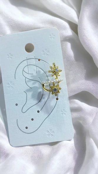 Kadın Earcuff Sıkıştırmalı Çelik Zirkon Taşlı İncili Altın Renk Küpe