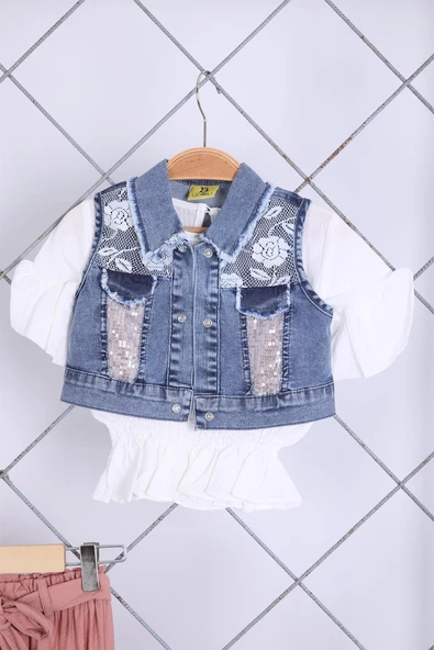 Babyhola 2-5 Yaş Pul Detay Kot Yelek Bluz Pantolon Şık Kız Çocuk Alt Üst Takım 4999 - 2