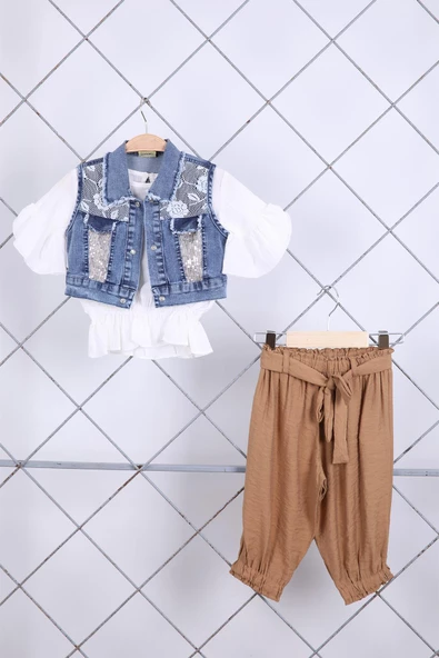 Babyhola 2-5 Yaş Pul Detay Kot Yelek Bluz Pantolon Şık Kız Çocuk Alt Üst Takım 4999 - 5