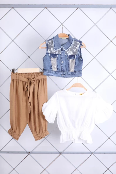 Babyhola 2-5 Yaş Pul Detay Kot Yelek Bluz Pantolon Şık Kız Çocuk Alt Üst Takım 4999 - 8