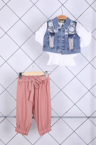 Babyhola 2-5 Yaş Pul Detay Kot Yelek Bluz Pantolon Şık Kız Çocuk Alt Üst Takım 4999