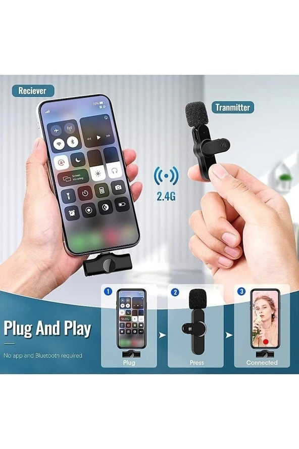 Ikili Kablosuz Yaka Mikrofonu Iphone Uyumlu Youtube Facebook Tiktok Çekimi Bluetooth Mikrofon - 6
