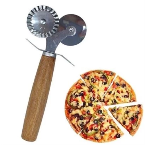 BİZAHMETGELSİN® Ahşap Saplı 2li Hamur Kesme Ruleti Düz ve Dalgalı Pizza Börek Kesici Aparatı