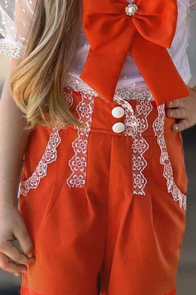 Kız Çocuk Kare Yaka Transparan Detaylı Turuncu Şortlu Takım - Resim 3