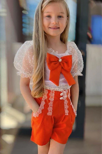 Kız Çocuk Kare Yaka Transparan Detaylı Turuncu Şortlu Takım - Resim 2