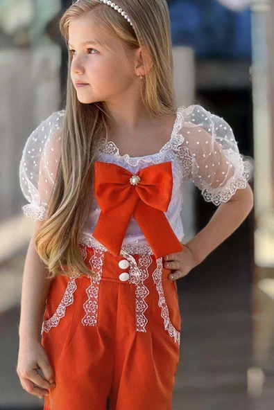 Kız Çocuk Kare Yaka Transparan Detaylı Turuncu Şortlu Takım ürün görseli