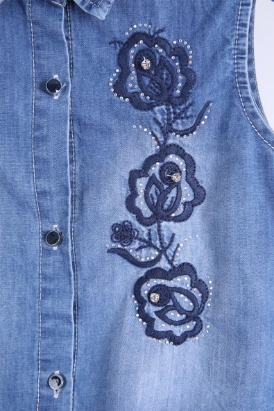 Babyhola 3-6 Yaş Bayramlık Kot Gömlek Yelek Kabarık Dantel Etek Şık Kız Çocuk Takım 8005 - 4