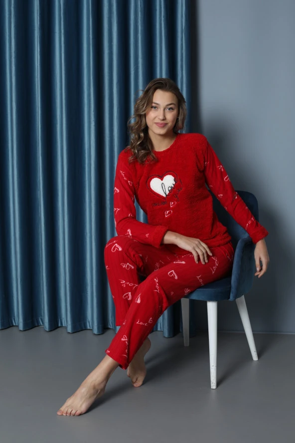 Luxury Soft Welsoft Polar Kalp Desenli Peluş Pijama Takımı