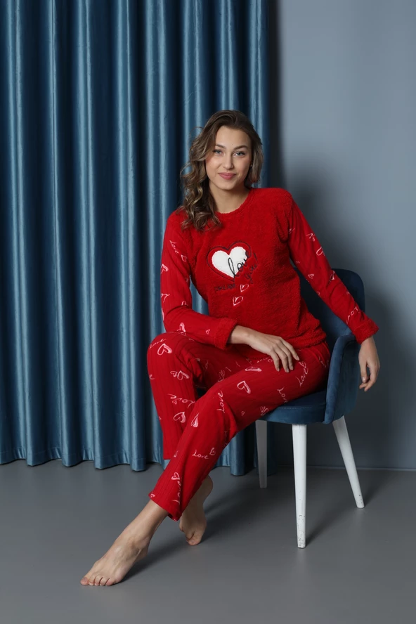 Luxury Soft Welsoft Polar Kalp Desenli Peluş Pijama Takımı