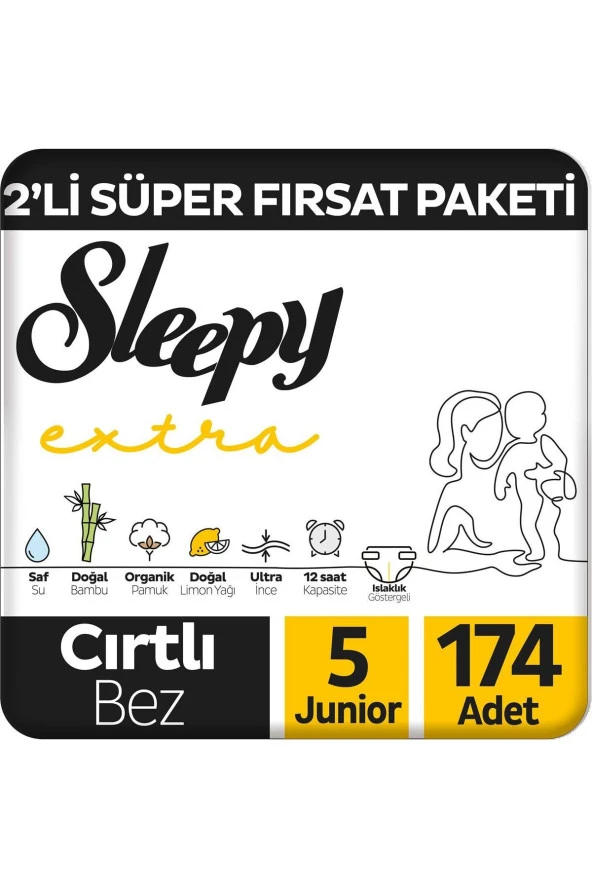 SLEEPY Extra Günlük Aktivite 2'Li Süper Fırsat Paketi Bebek Bezi 5 Numara Junior 174 Adet