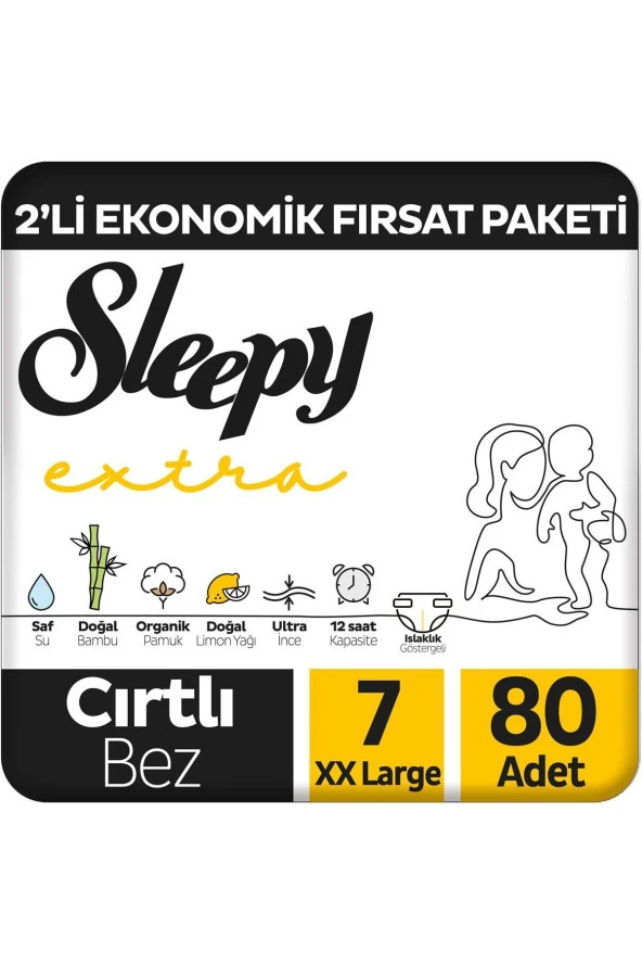 SLEEPY Extra Günlük Aktivite 2'Li Ekonomik Fırsat Paketi Bebek Bezi 7 Numara Xxlarge 80 Adet